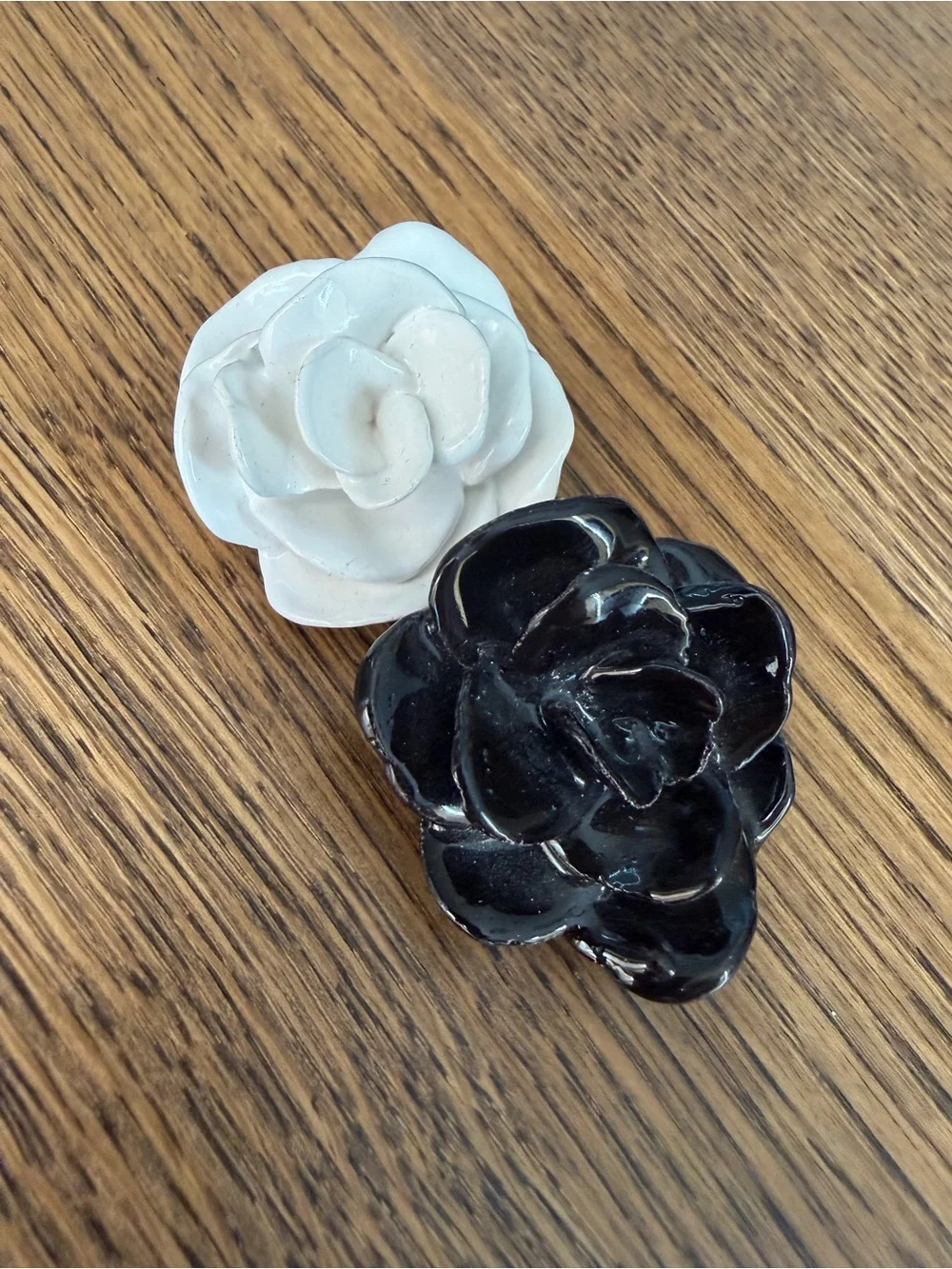 Vintage 3D Glazed Ceramic Flower Brooch Pin Set • Black & White Camellia Roses